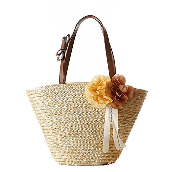 Straw Shoulder Bag with Floral Detail