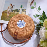 Round vintage handmade straw beach bag